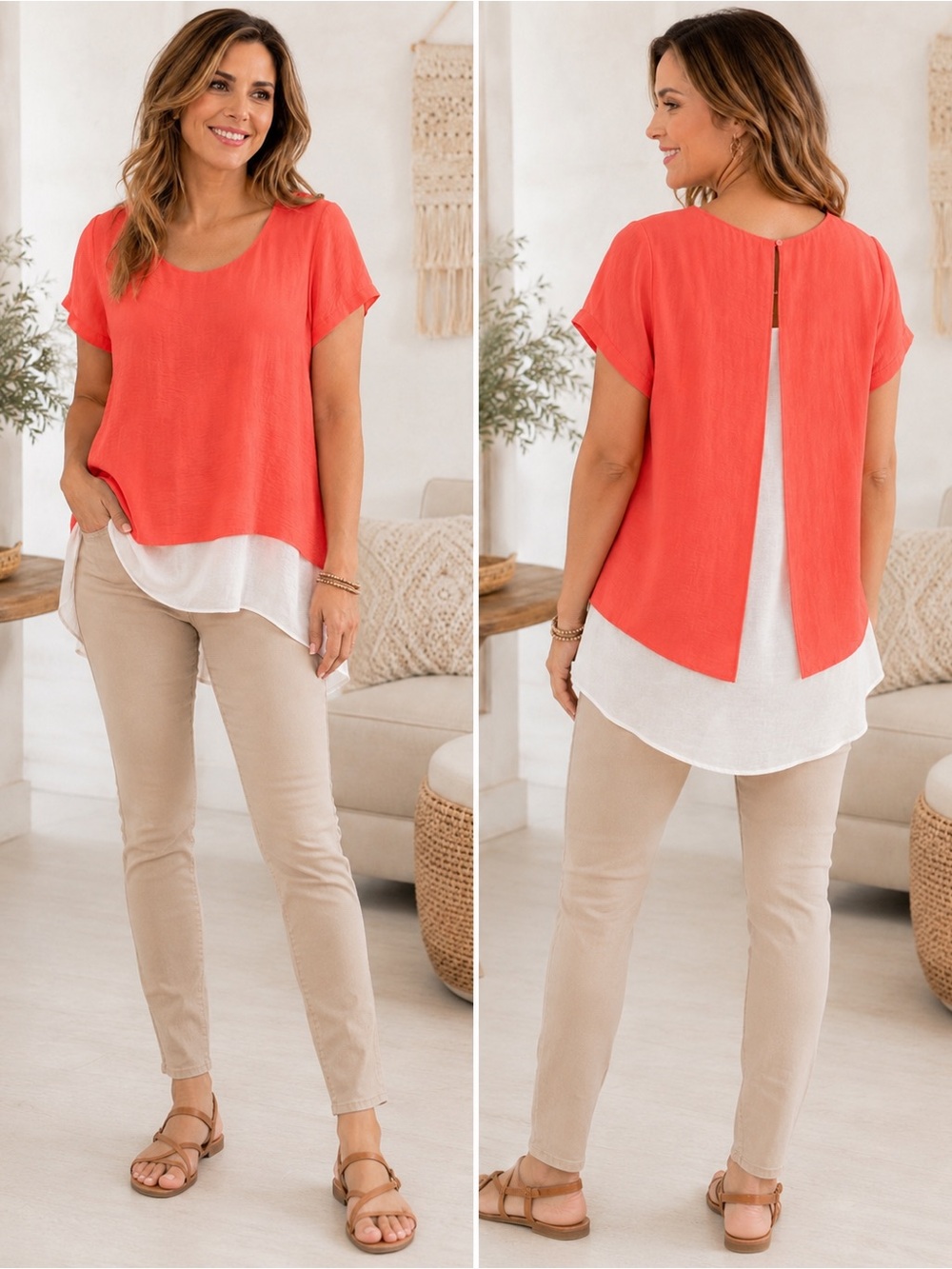 a.n.a Coral Layered Short Sleeve Blouse with White Underlay
